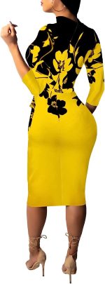 Women's 3/4 Sleeve Bodycon Dresses Work Casual Floral Print Pencil Midi Dresses with Belt - Image 2